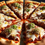 Close-up of a delicious, vibrant fusion pizza slice, featuring an unexpected, bold sauce (e.g., a rich, savory sesame-based sauce or a striking, slightly spicy reddish sauce) that breaks traditional pizza norms. The sauce is generously spread, glistening, with subtle steam rising. The scene conveys a sense of culinary surprise and magic, transforming a familiar dish. High-resolution, gourmet food photography.