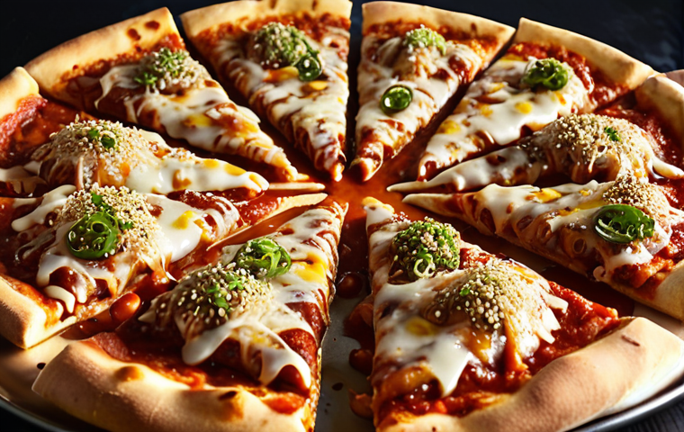 Close-up of a delicious, vibrant fusion pizza slice, featuring an unexpected, bold sauce (e.g., a rich, savory sesame-based sauce or a striking, slightly spicy reddish sauce) that breaks traditional pizza norms. The sauce is generously spread, glistening, with subtle steam rising. The scene conveys a sense of culinary surprise and magic, transforming a familiar dish. High-resolution, gourmet food photography.