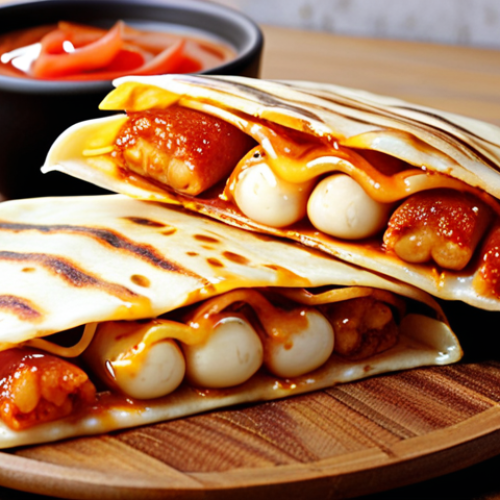 Home 15 **Tteokbokki Quesadilla:** Spicy Korean rice cakes and melted mozzarella cheese inside a toasted tortilla.