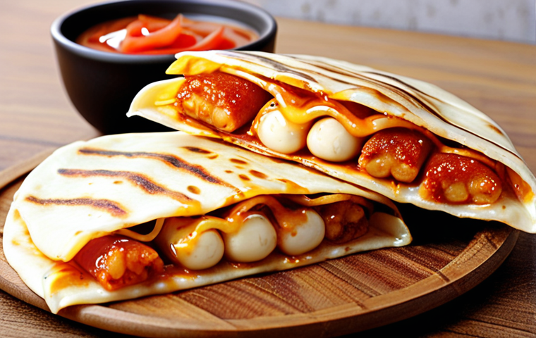 **Tteokbokki Quesadilla:** Spicy Korean rice cakes and melted mozzarella cheese inside a toasted tortilla.
