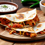 **

Kimchi quesadilla on a rustic wooden board, oozing melted cheese, with a side of sour cream and a sprinkle of sesame seeds. Focus on the vibrant red of the kimchi and the golden brown of the tortilla.

**
