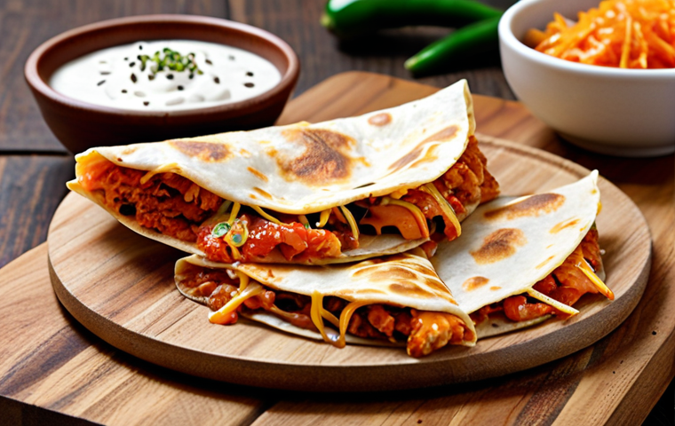 **
Kimchi quesadilla on a rustic wooden board, oozing melted cheese, with a side of sour cream and a sprinkle of sesame seeds. Focus on the vibrant red of the kimchi and the golden brown of the tortilla.
**