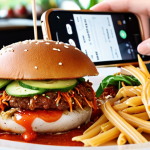 **Prompt 1: 'The Instagrammable Fusion Delight'**
    A close-up, high-angle shot of a spectacularly plated, vibrant fusion fast-food item, such as a 'Kimchi Frittata Burger' or 'Bulgogi Pasta Burger', bursting with colorful ingredients and unique textures. A stylish MZ Generation hand is reaching in with a smartphone, perfectly capturing an 'Instagrammable' photo of the dish. The background is a softly blurred, trendy, brightly lit fast-casual restaurant setting, emphasizing a fresh, unique, and hip culinary experience. Photorealistic, shallow depth of field, natural light, cinematic quality.