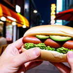 **Prompt:** A vibrant, close-up, and highly "Instagrammable" shot of a unique "Mentaiko Avocado Hot Dog," featuring an exciting blend of toppings and a crispy texture. The hot dog is held by a stylish hand, possibly with a smartphone nearby, in a trendy urban street food setting, conveying a sense of modern culinary experience and MZ-generation appeal. The background is softly blurred with lively city lights and a hint of a cool neon sign.