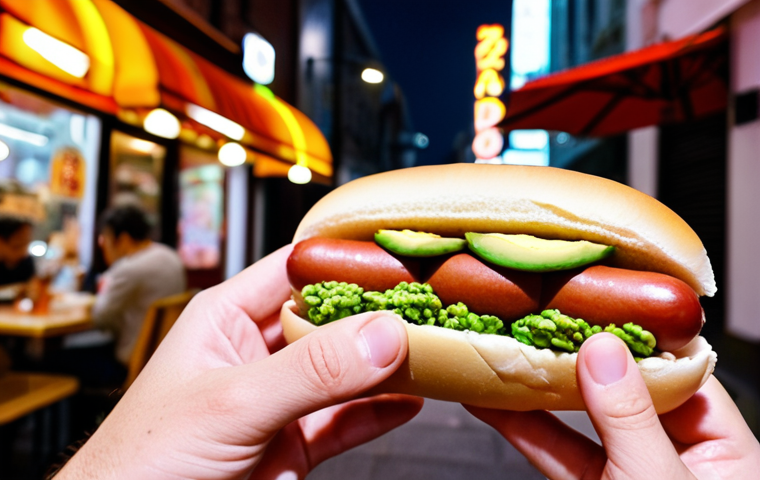 **Prompt:** A vibrant, close-up, and highly "Instagrammable" shot of a unique "Mentaiko Avocado Hot Dog," featuring an exciting blend of toppings and a crispy texture. The hot dog is held by a stylish hand, possibly with a smartphone nearby, in a trendy urban street food setting, conveying a sense of modern culinary experience and MZ-generation appeal. The background is softly blurred with lively city lights and a hint of a cool neon sign.