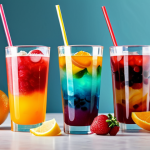 **Aesthetic Fusion Drink:**
    A vibrant, multi-layered fusion drink in a clear glass, featuring contrasting colors from fresh fruit slices, herbal garnishes, and unique toppings like colorful jelly pearls. The drink is placed on a clean, minimalist fast-food counter, illuminated by soft, professional studio lighting. The background is softly blurred, highlighting the drink's exquisite details and inviting texture.
    **Quality Modifiers:** Professional product photography, high resolution, sharp focus, high detail, vivid colors, appealing composition, safe for work, appropriate content, fully clothed (referring to implied general safety), modest, professional studio shot.