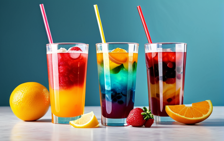 **Aesthetic Fusion Drink:**
    A vibrant, multi-layered fusion drink in a clear glass, featuring contrasting colors from fresh fruit slices, herbal garnishes, and unique toppings like colorful jelly pearls. The drink is placed on a clean, minimalist fast-food counter, illuminated by soft, professional studio lighting. The background is softly blurred, highlighting the drink's exquisite details and inviting texture.
    **Quality Modifiers:** Professional product photography, high resolution, sharp focus, high detail, vivid colors, appealing composition, safe for work, appropriate content, fully clothed (referring to implied general safety), modest, professional studio shot.