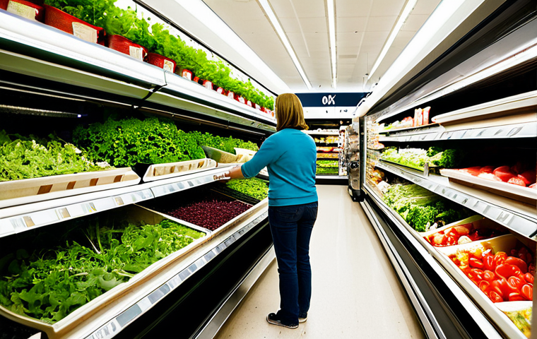 Supermarket Salad Aisle**
"A brightly lit aisle in a supermarket, showcasing a variety of pre-packaged salads on refrigerated shelves, fully clothed shoppers browsing the selections, focus on fresh greens and colorful toppings, appropriate content, safe for work, professional product photography, perfect anatomy, natural proportions, well-formed hands, proper finger count, family-friendly setting, modest display."
**