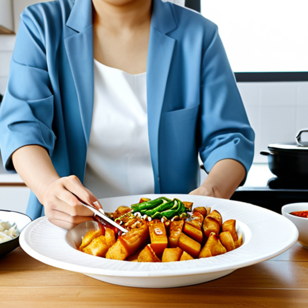 Balanced Meal**

"A fully clothed woman is preparing a modest, healthy fusion fast food meal at home. She is adding tofu to a spicy Korean-style rice cake dish (tteokbokki). The scene is a bright, clean kitchen with natural light. Professional food photography, perfect anatomy, correct proportions, safe for work, appropriate content, family-friendly."

**