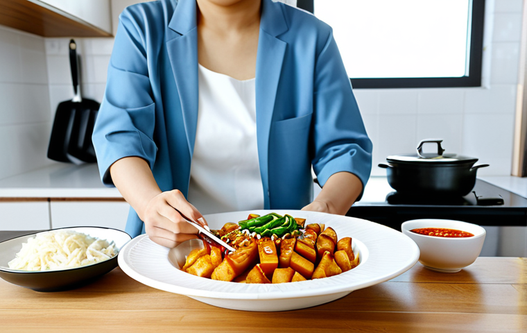 Balanced Meal**
"A fully clothed woman is preparing a modest, healthy fusion fast food meal at home. She is adding tofu to a spicy Korean-style rice cake dish (tteokbokki). The scene is a bright, clean kitchen with natural light. Professional food photography, perfect anatomy, correct proportions, safe for work, appropriate content, family-friendly."
**