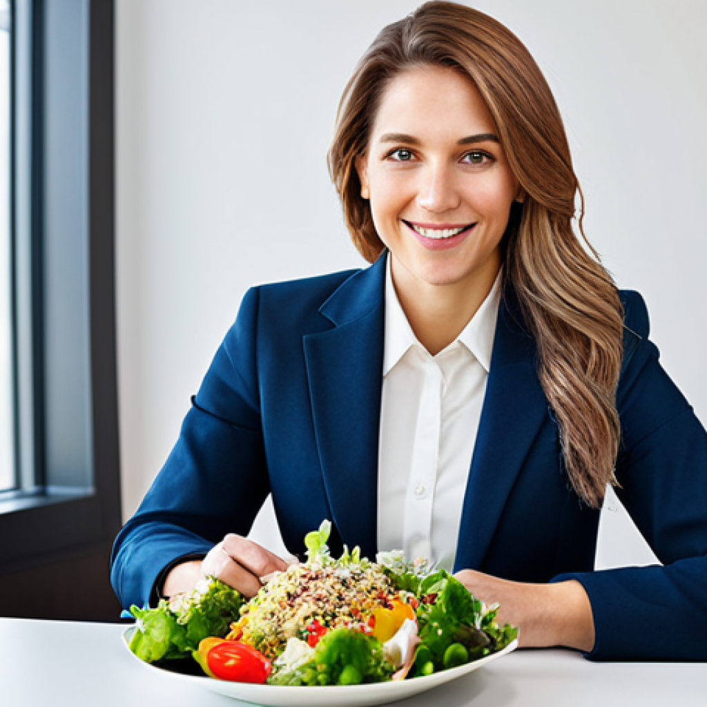 퓨전 샐러드 기성품 종류 - Professional Businesswoman with Cup Salad**

"A professional businesswoman in a modest business suit...