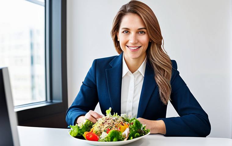 퓨전 샐러드 기성품 종류 - Professional Businesswoman with Cup Salad**
"A professional businesswoman in a modest business suit...