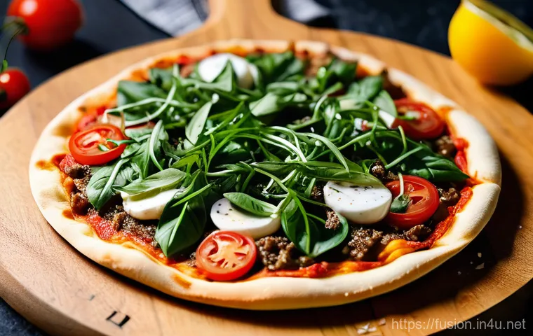 퓨전 피자의 저염 소스 - **Image Prompt: Gourmet Perilla Pesto Bulgogi Fusion Pizza**
A visually stunning, high-angle clo...