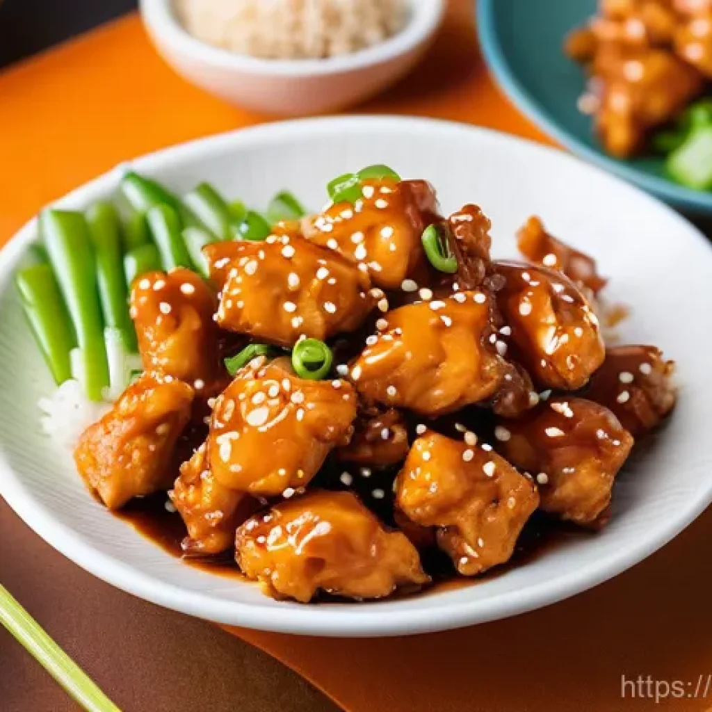 퓨전 패스트푸드의 지역화 전략 - A vibrant, appetizing close-up of "Orange Chicken" served in a modern, stylish fast-casual setting. ...