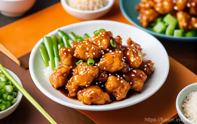 퓨전 패스트푸드의 지역화 전략 - A vibrant, appetizing close-up of "Orange Chicken" served in a modern, stylish fast-casual setting. ...