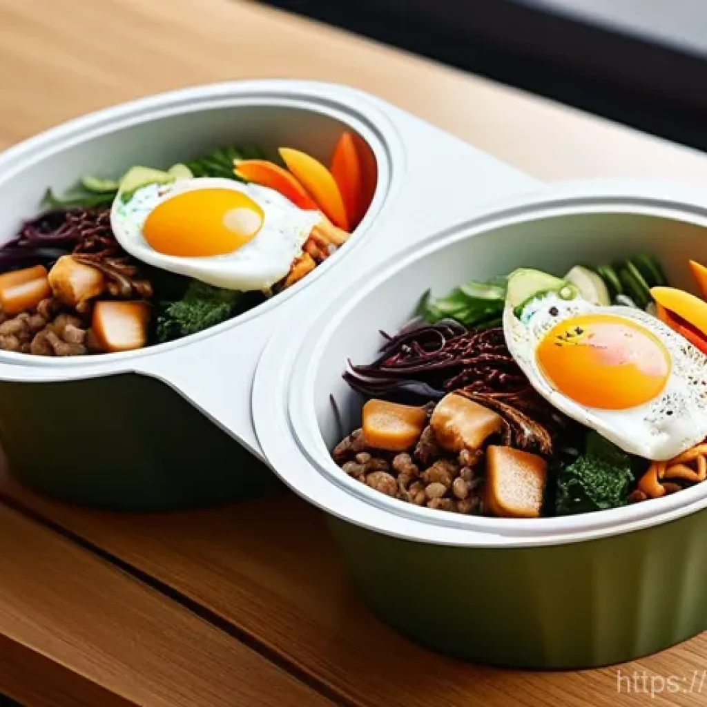 퓨전 패스트푸드 포장 용기 비교 - **Image Prompt 1: Aesthetic Brand Identity on Fusion Bibimbap Packaging**
A close-up shot of a b...