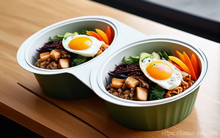 퓨전 패스트푸드 포장 용기 비교 - **Image Prompt 1: Aesthetic Brand Identity on Fusion Bibimbap Packaging**
A close-up shot of a b...