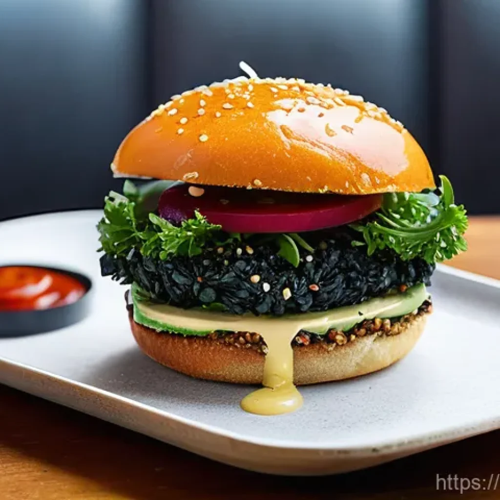 퓨전 패스트푸드의 주요 원료 정보 - A gourmet fusion burger on a vibrant black rice and quinoa bun. The bun is perfectly toasted, reveal...