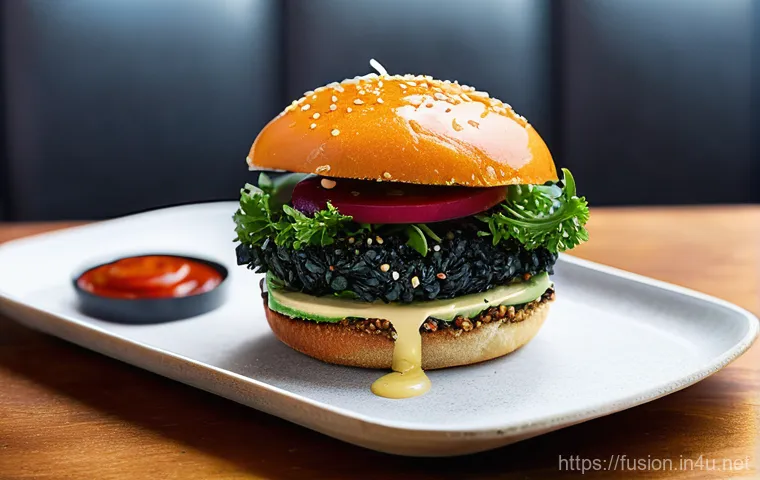 퓨전 패스트푸드의 주요 원료 정보 - A gourmet fusion burger on a vibrant black rice and quinoa bun. The bun is perfectly toasted, reveal...