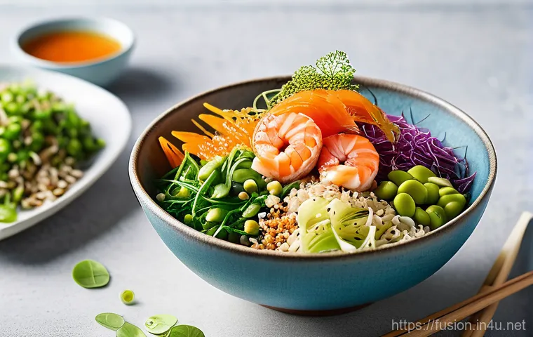 퓨전 패스트푸드의 주요 원료 정보 - A gourmet fusion burger on a vibrant black rice and quinoa bun. The bun is perfectly toasted, reveal... 퓨전 패스트푸드의 주요 원료 정보 - A gourmet fusion burger on a vibrant black rice and quinoa bun. The bun is perfectly toasted, reveal...