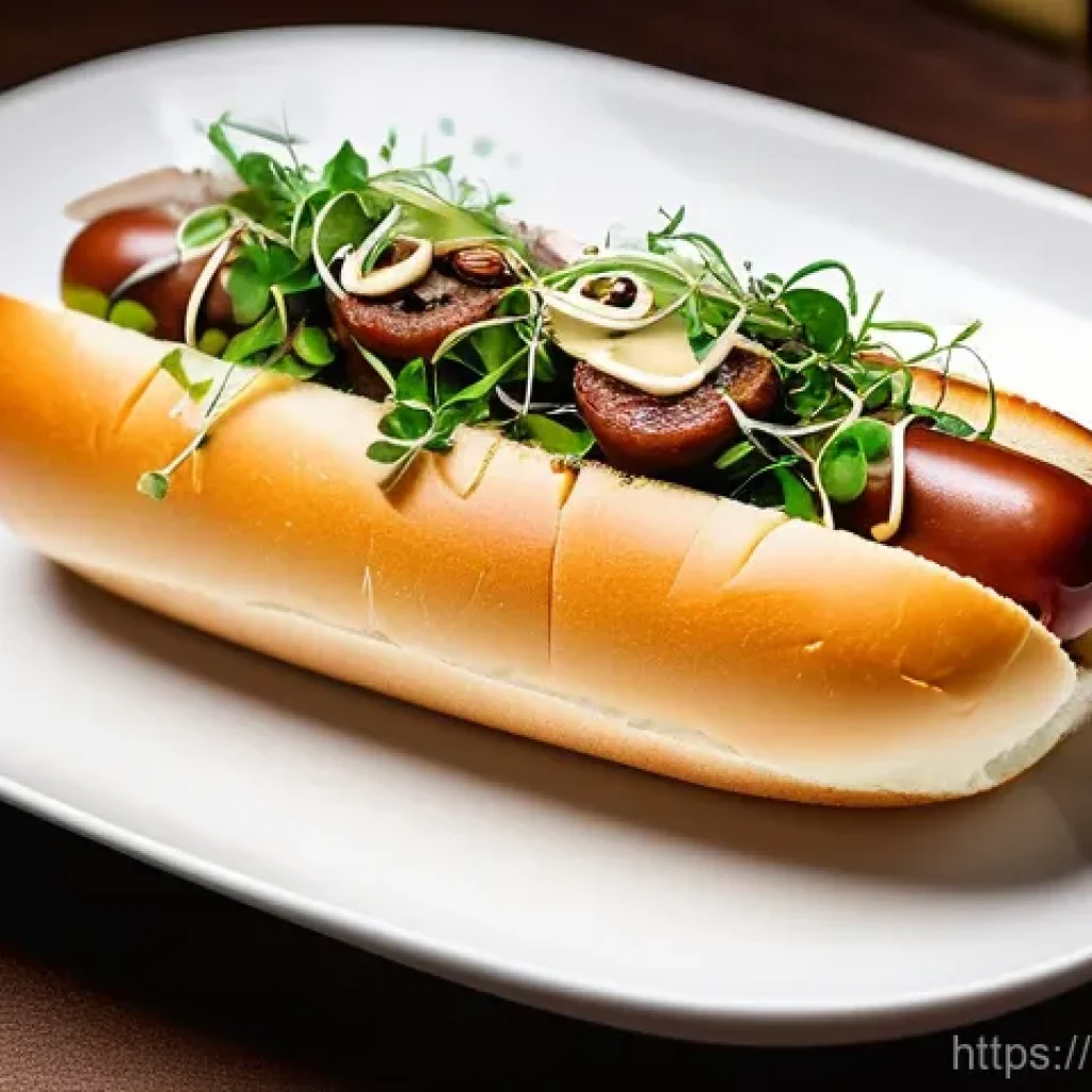 퓨전 핫도그와 크런치 토핑 - A gourmet fusion hot dog, presented like a culinary masterpiece on a pristine white plate. The hot d...