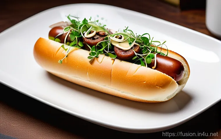 퓨전 핫도그와 크런치 토핑 - A gourmet fusion hot dog, presented like a culinary masterpiece on a pristine white plate. The hot d...