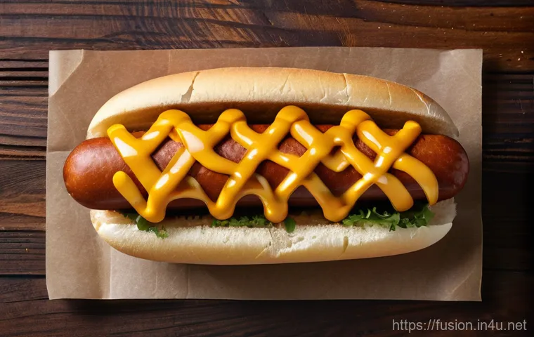 퓨전 핫도그와 크런치 토핑 - A gourmet fusion hot dog, presented like a culinary masterpiece on a pristine white plate. The hot d...
