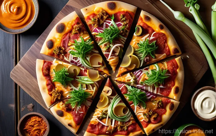 퓨전 피자 비건 옵션 - **Aesthetic Korean Fusion Vegan Pizza:** A top-down, hyper-realistic shot of an exquisitely arranged...