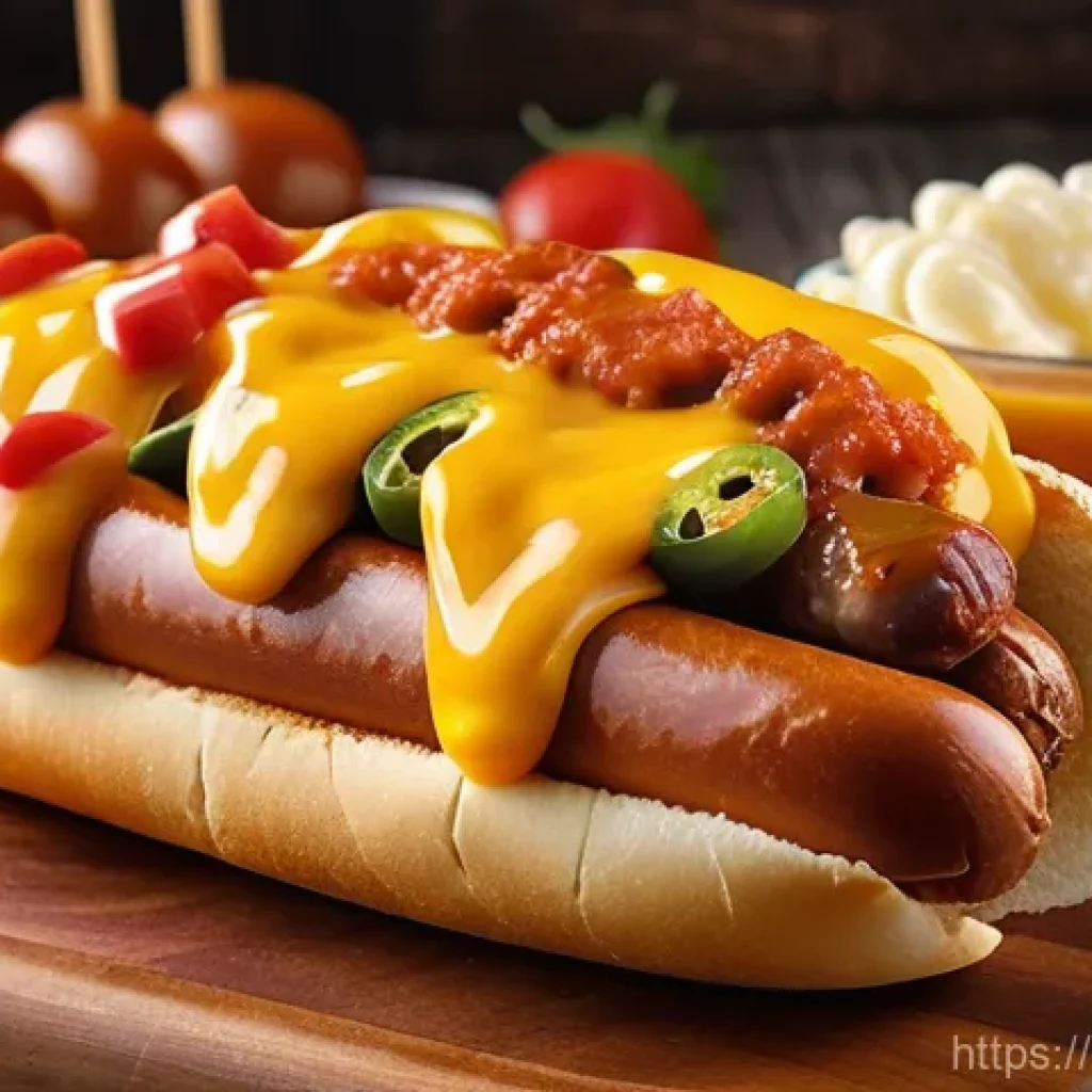 퓨전 핫도그의 브랜드별 칼로리 비교 - A vibrant, mouth-watering close-up shot of an assortment of fusion hot dogs on a rustic wooden table...