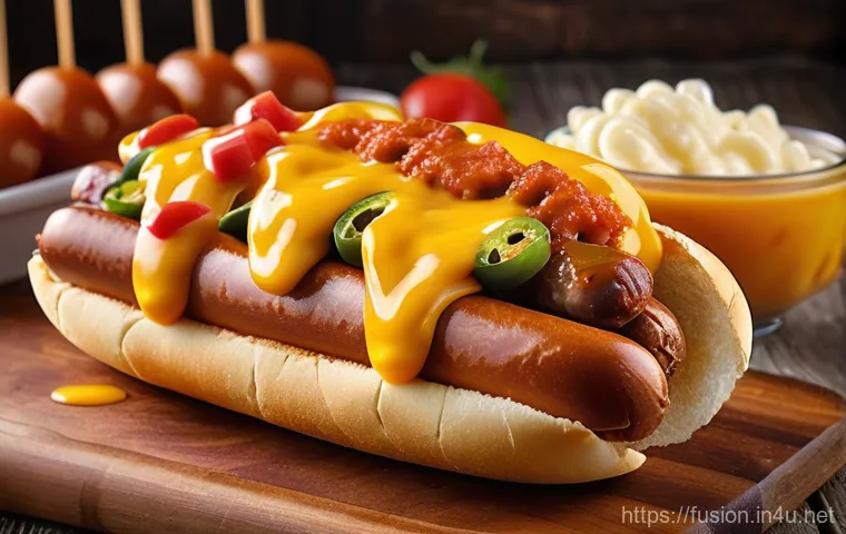 퓨전 핫도그의 브랜드별 칼로리 비교 - A vibrant, mouth-watering close-up shot of an assortment of fusion hot dogs on a rustic wooden table...