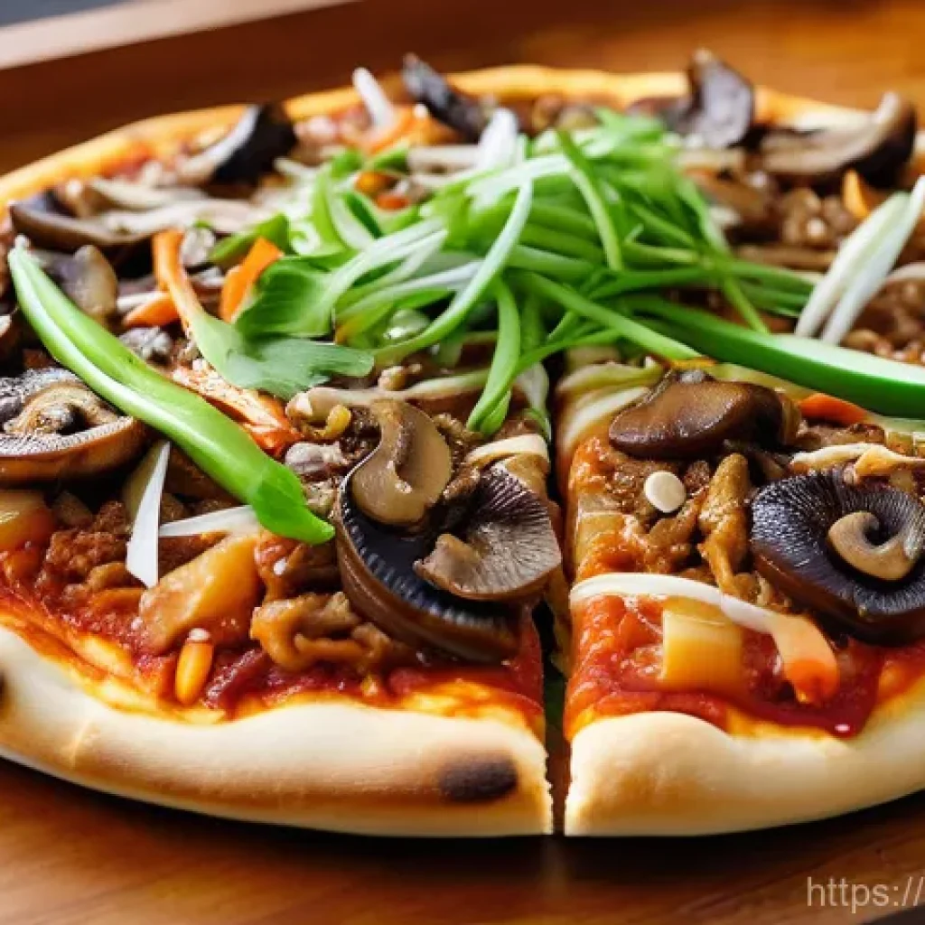 퓨전 피자의 글로벌화 과정 - A vibrant and mouth-watering K-food fusion pizza, freshly baked and presented on a rustic wooden cut...