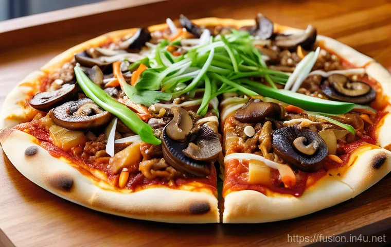 퓨전 피자의 글로벌화 과정 - A vibrant and mouth-watering K-food fusion pizza, freshly baked and presented on a rustic wooden cut...