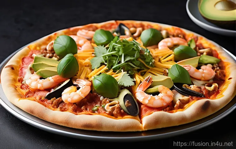 퓨전 피자의 글로벌화 과정 - A vibrant and mouth-watering K-food fusion pizza, freshly baked and presented on a rustic wooden cut...