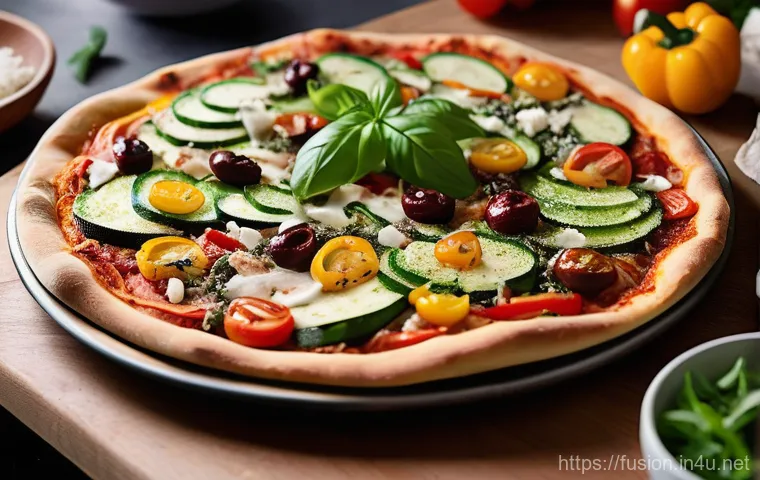 퓨전 피자의 글로벌화 과정 - A close-up, dynamic shot of an adventurous global fusion pizza that blends diverse international fla...
