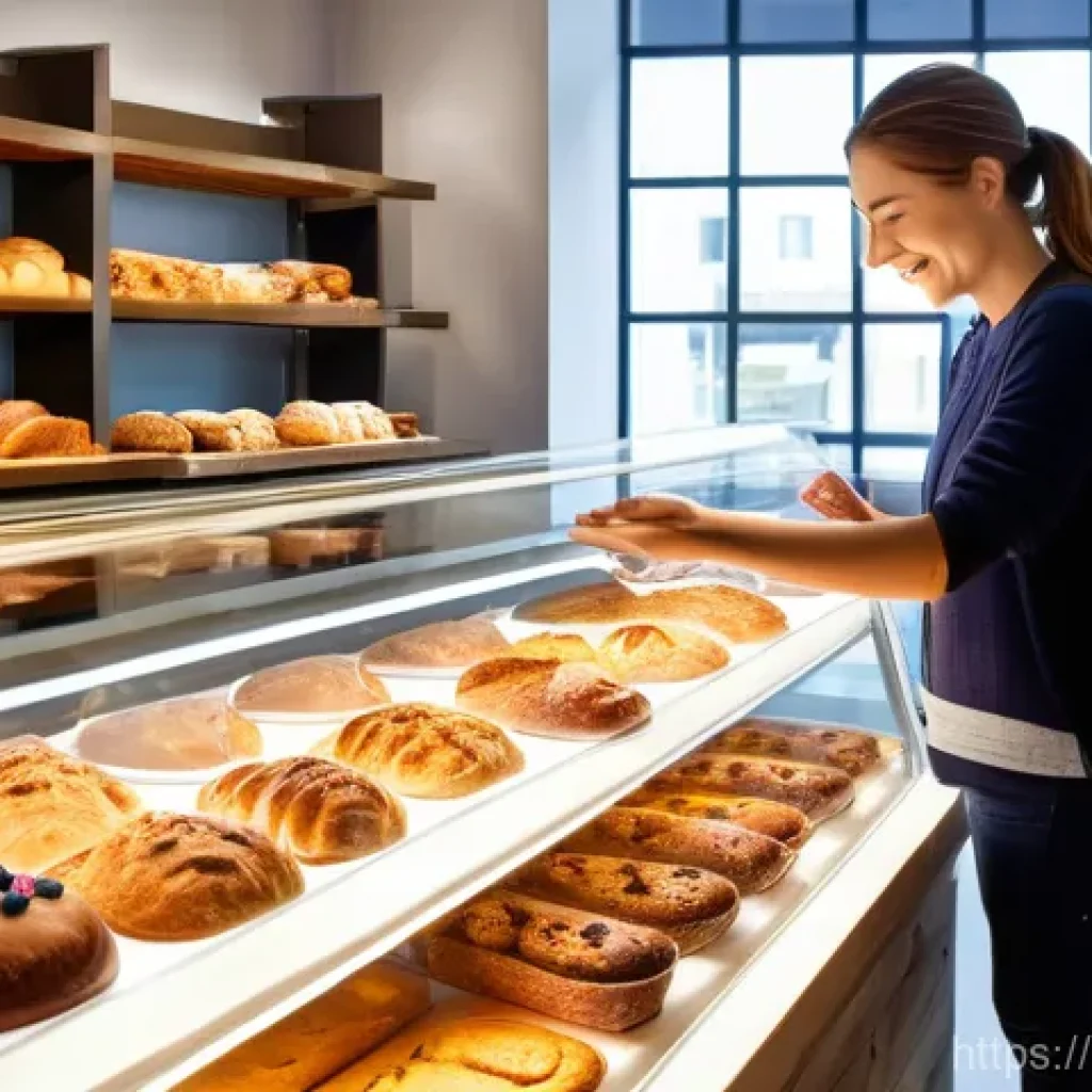 퓨전 패스트푸드 저당 제품 - A brightly lit, modern bakery interior with a clean, inviting aesthetic. On the pristine display she...
