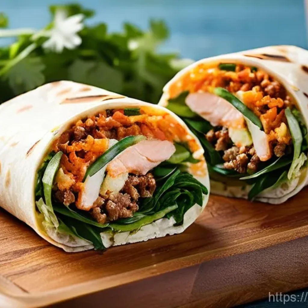 퓨전 패스트푸드 소스 영양소 - **Healthy K-Food Fusion Burrito:** A vibrant, artfully arranged close-up of a Korean fusion burrito ...