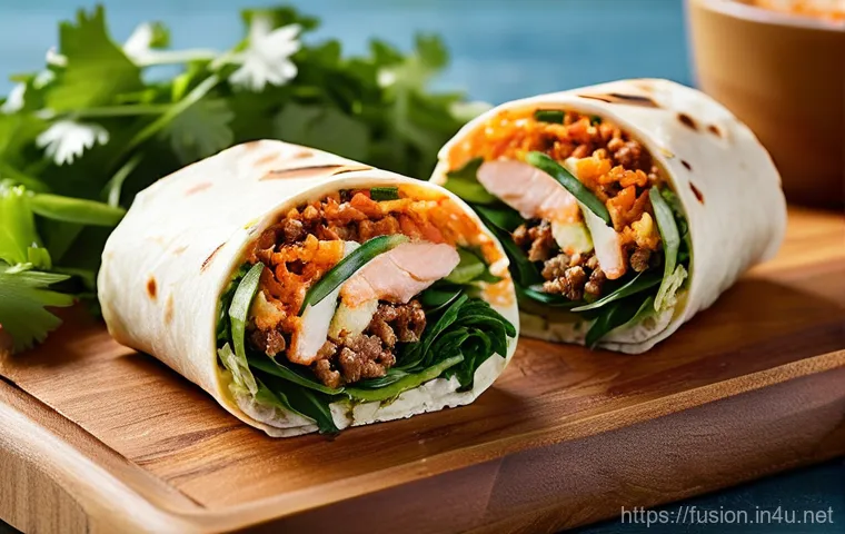 퓨전 패스트푸드 소스 영양소 - **Healthy K-Food Fusion Burrito:** A vibrant, artfully arranged close-up of a Korean fusion burrito ...
