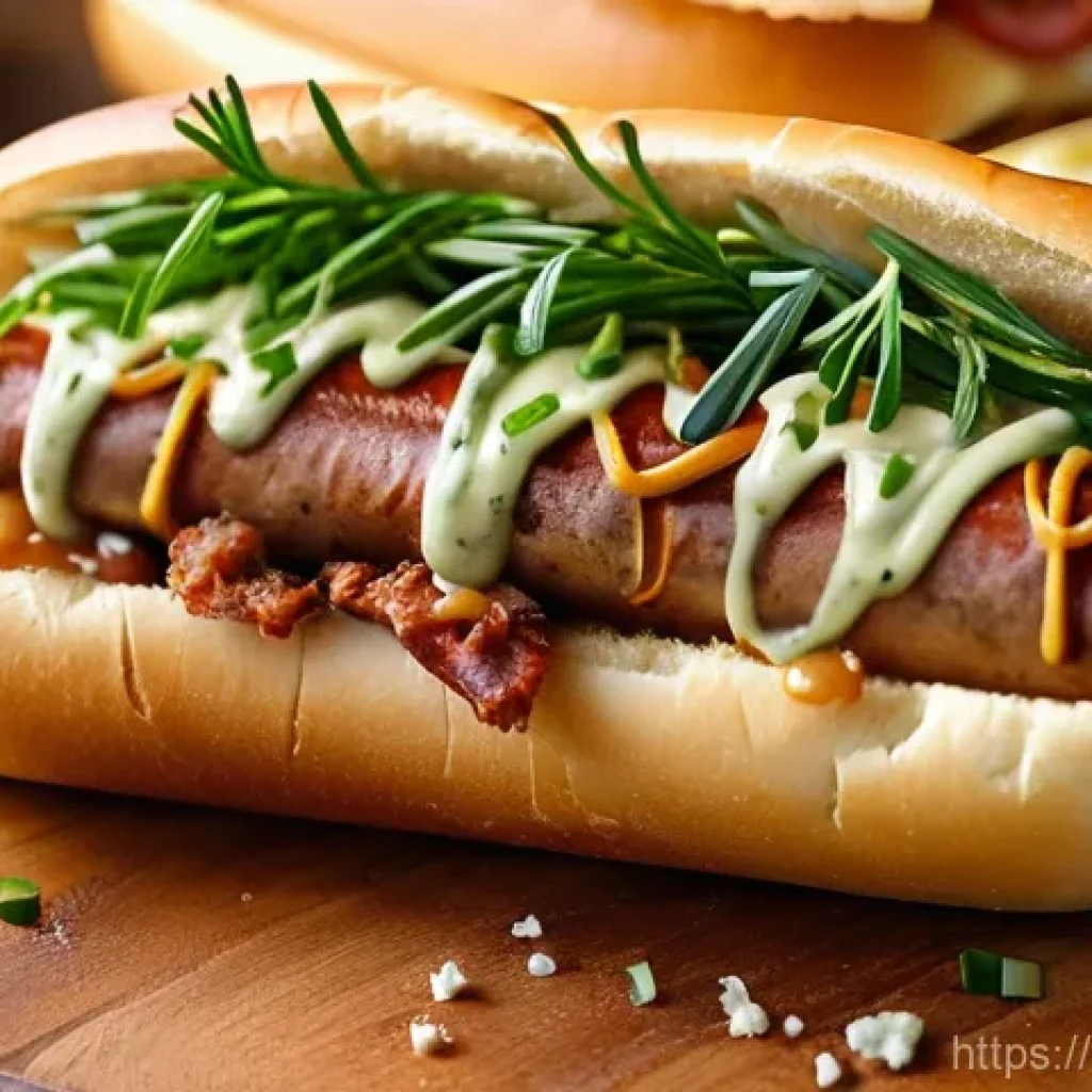 퓨전 핫도그의 주요 원재료 - A close-up, high-angle shot of a gourmet hot dog presented on a rustic wooden board. The hot dog fea...