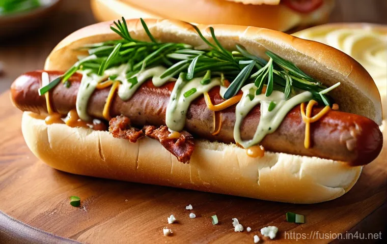 퓨전 핫도그의 주요 원재료 - A close-up, high-angle shot of a gourmet hot dog presented on a rustic wooden board. The hot dog fea...