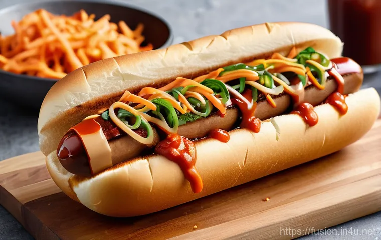 퓨전 핫도그의 주요 원재료 - A close-up, high-angle shot of a gourmet hot dog presented on a rustic wooden board. The hot dog fea...