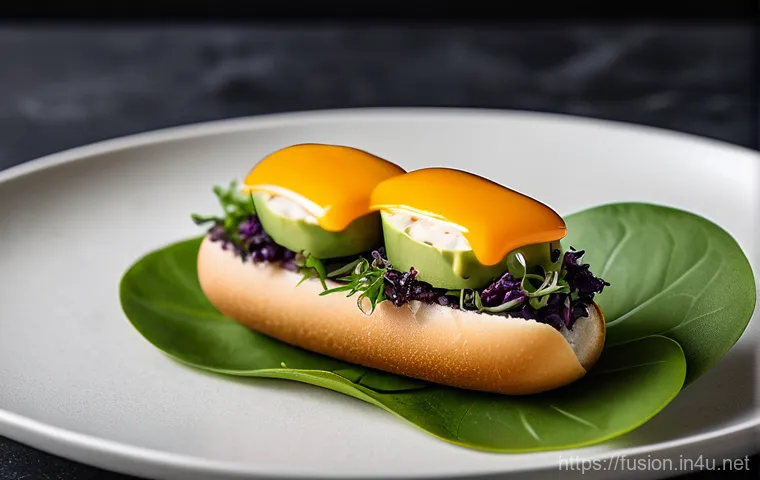 퓨전 핫도그의 주요 원재료 - A vibrant and energetic close-up shot of a Korean BBQ fusion hot dog held by hands, with a lively st...