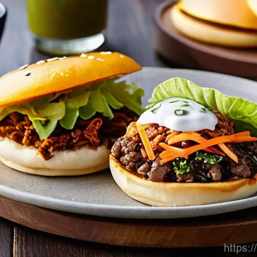 퓨전 패스트푸드와 건강식사의 만남 - **Prompt 1: Vibrant Kimchi Burger and Bulgogi Taco Fusion**
    A close-up, high-angle shot of a gou...