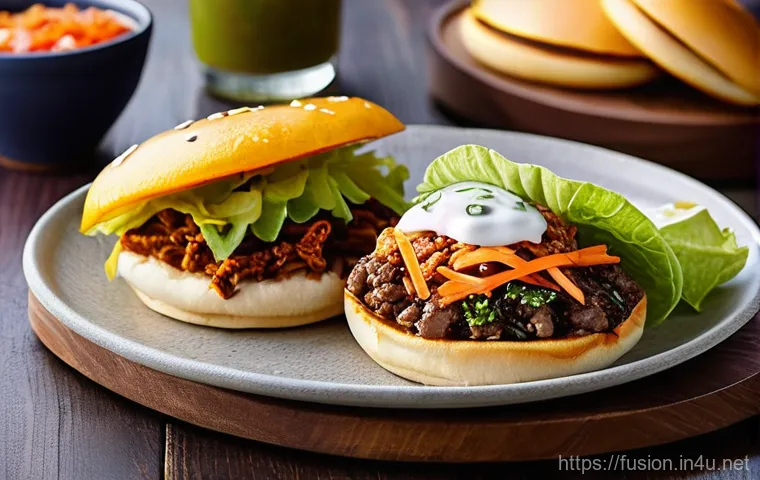 퓨전 패스트푸드와 건강식사의 만남 - **Prompt 1: Vibrant Kimchi Burger and Bulgogi Taco Fusion**
A close-up, high-angle shot of a gou...