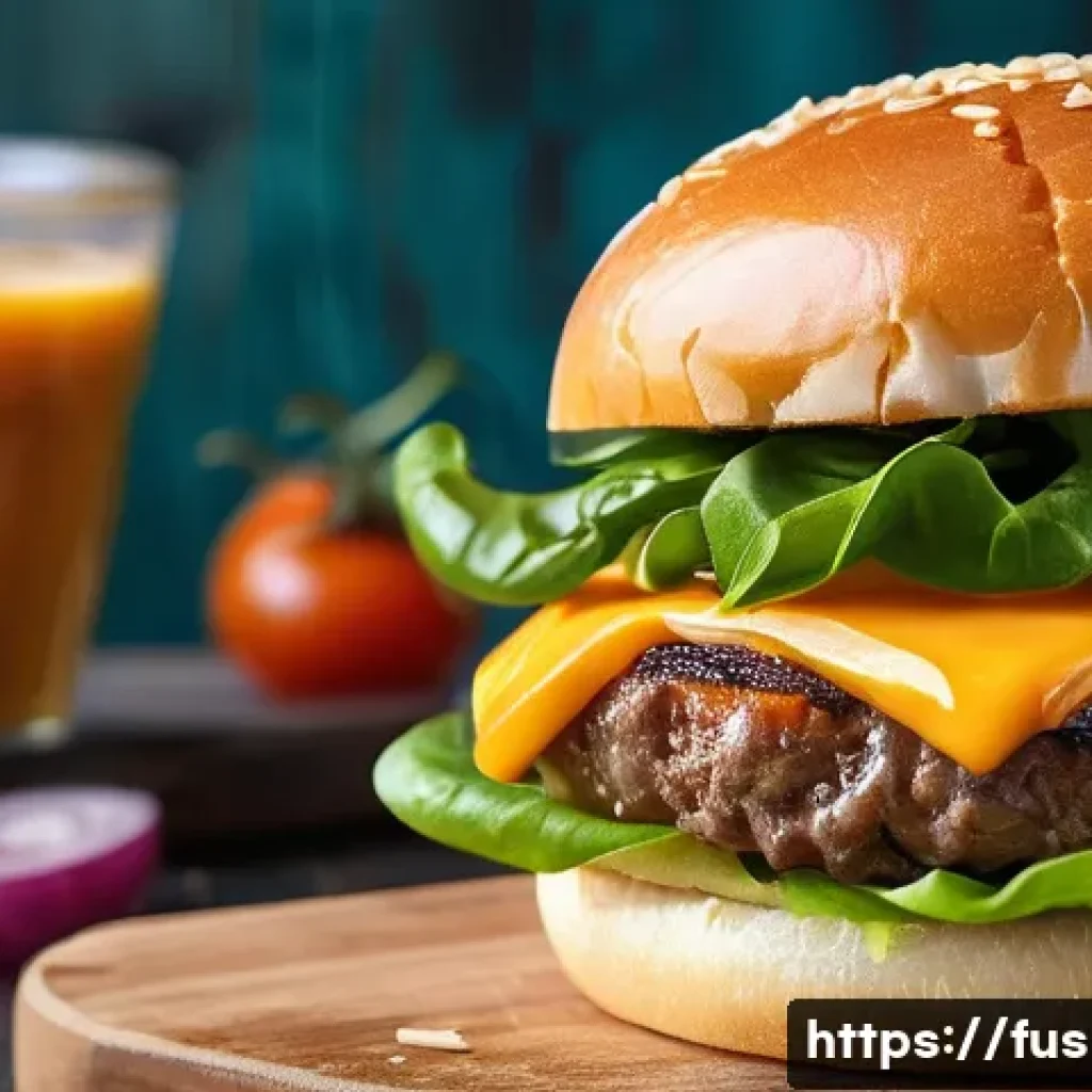 퓨전 패스트푸드의 신선 제품 - A close-up shot of a gourmet fast-food burger, presented on a rustic wooden board. The burger featur...