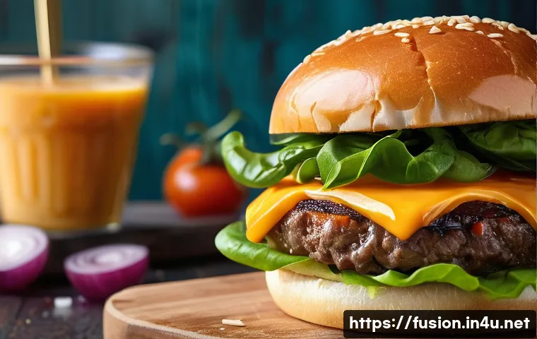 퓨전 패스트푸드의 신선 제품 - A close-up shot of a gourmet fast-food burger, presented on a rustic wooden board. The burger featur...