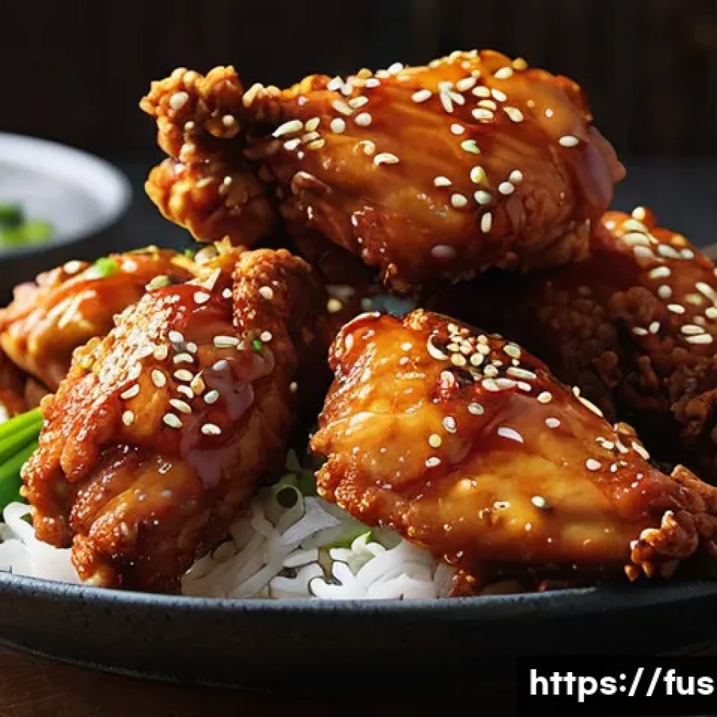 퓨전 치킨 배달 음식 리뷰 - **Prompt:** A close-up shot of a Korean-style fried chicken, glistening with a spicy-sweet gochujang...