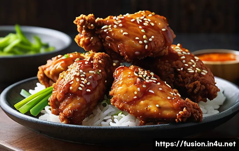 퓨전 치킨 배달 음식 리뷰 - **Prompt:** A close-up shot of a Korean-style fried chicken, glistening with a spicy-sweet gochujang...