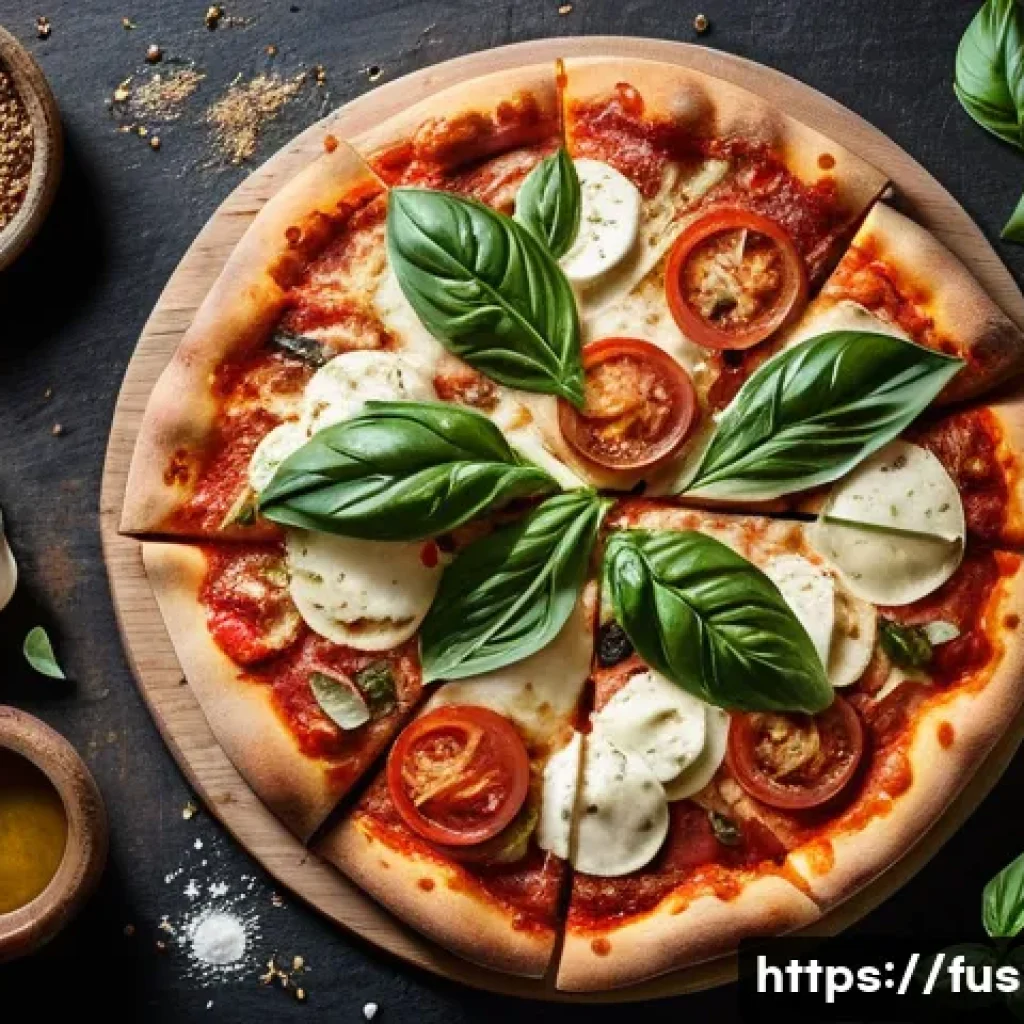 퓨전 피자의 건강 크러스트 - **Sourdough Pizza for Gut Health:** A close-up, top-down shot of a beautifully baked sourdough pizza...