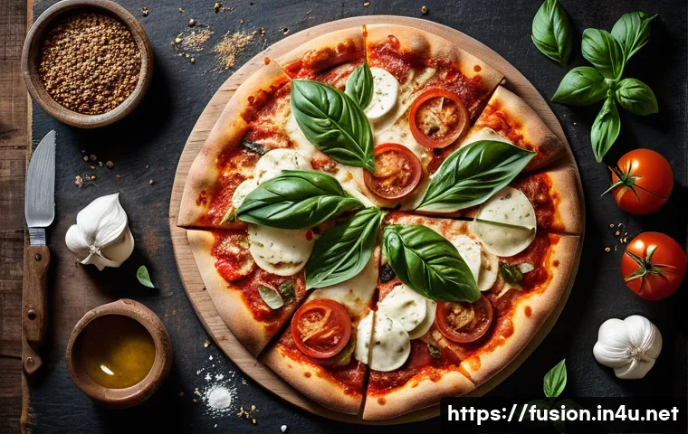 퓨전 피자의 건강 크러스트 - **Sourdough Pizza for Gut Health:** A close-up, top-down shot of a beautifully baked sourdough pizza...