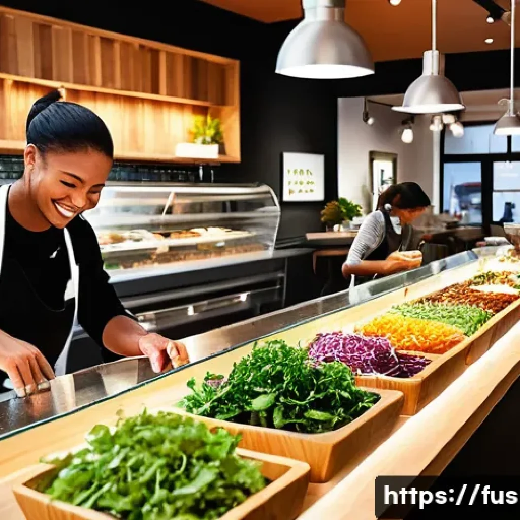 퓨전 패스트푸드 건강식 트렌드 - **A vibrant, sunlit fast-casual restaurant with a modern, clean aesthetic.** In the foreground, a di...
